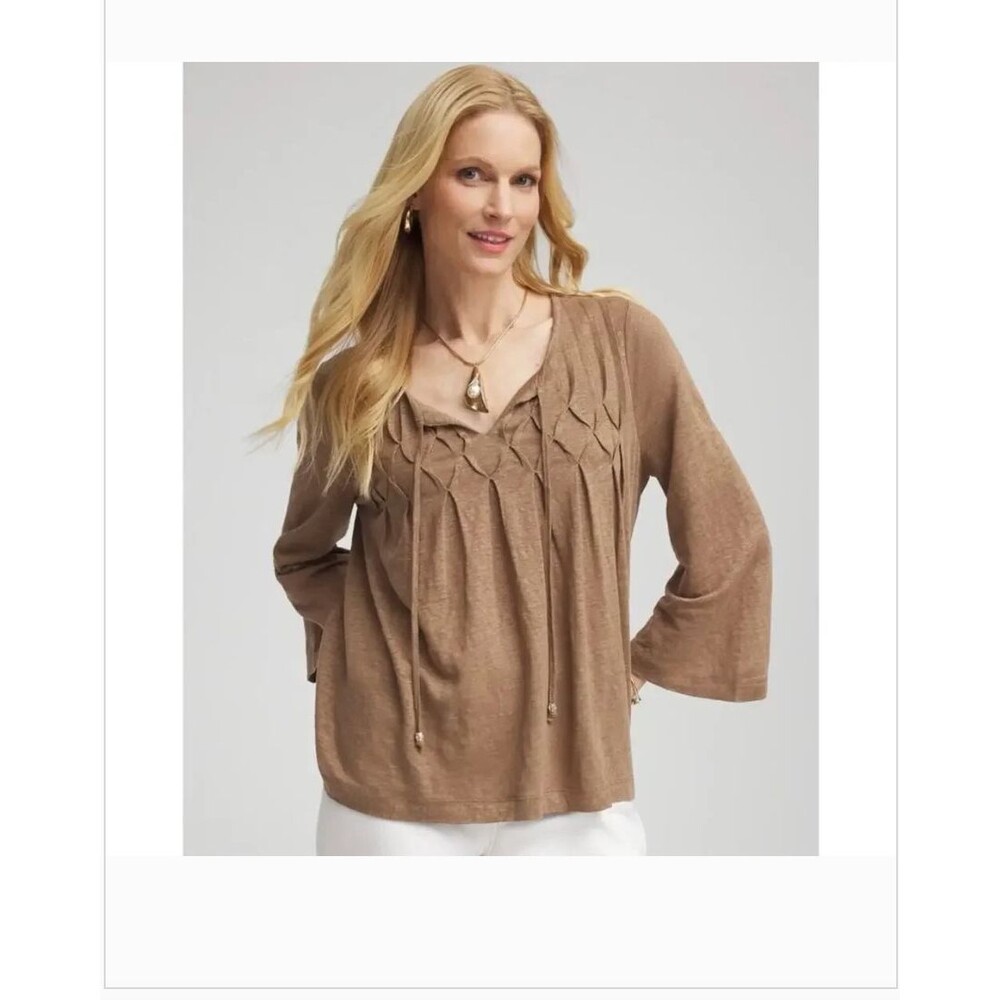 Chicos Linen Tied Notch Neck Top Textured Tee Top  Size L Travel Beachy Bohemian